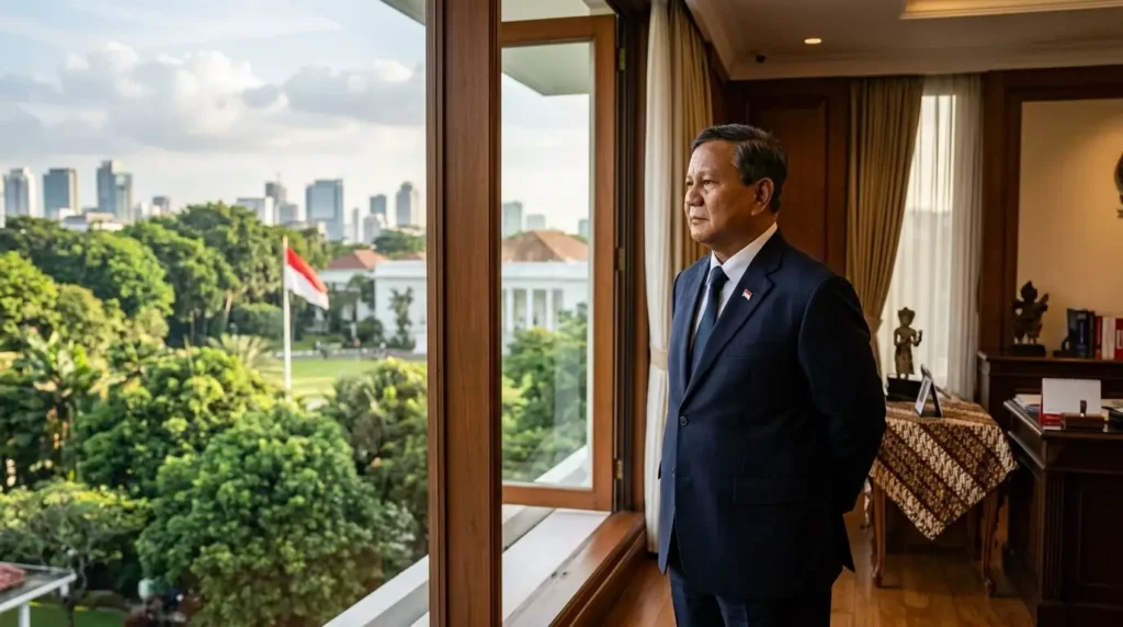 Presiden Prabowo Subianto menatap keluar jendela Istana Negara, merefleksikan posisi kepemimpinan di tengah tantangan demokrasi dan gejolak sosial di Indonesia.