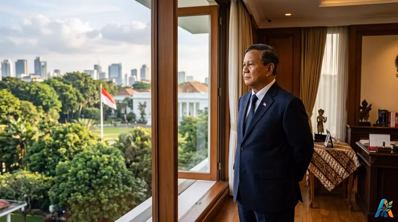 Presiden Prabowo Subianto menatap keluar jendela Istana Negara, merefleksikan posisi kepemimpinan di tengah tantangan demokrasi dan gejolak sosial di Indonesia.