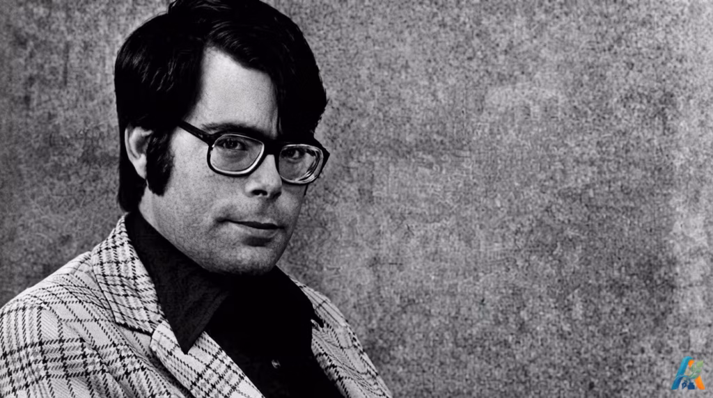 Potret close-up penulis Stephen King muda mengenakan kacamata dan jas kotak-kotak dengan latar belakang dinding abu-abu.
