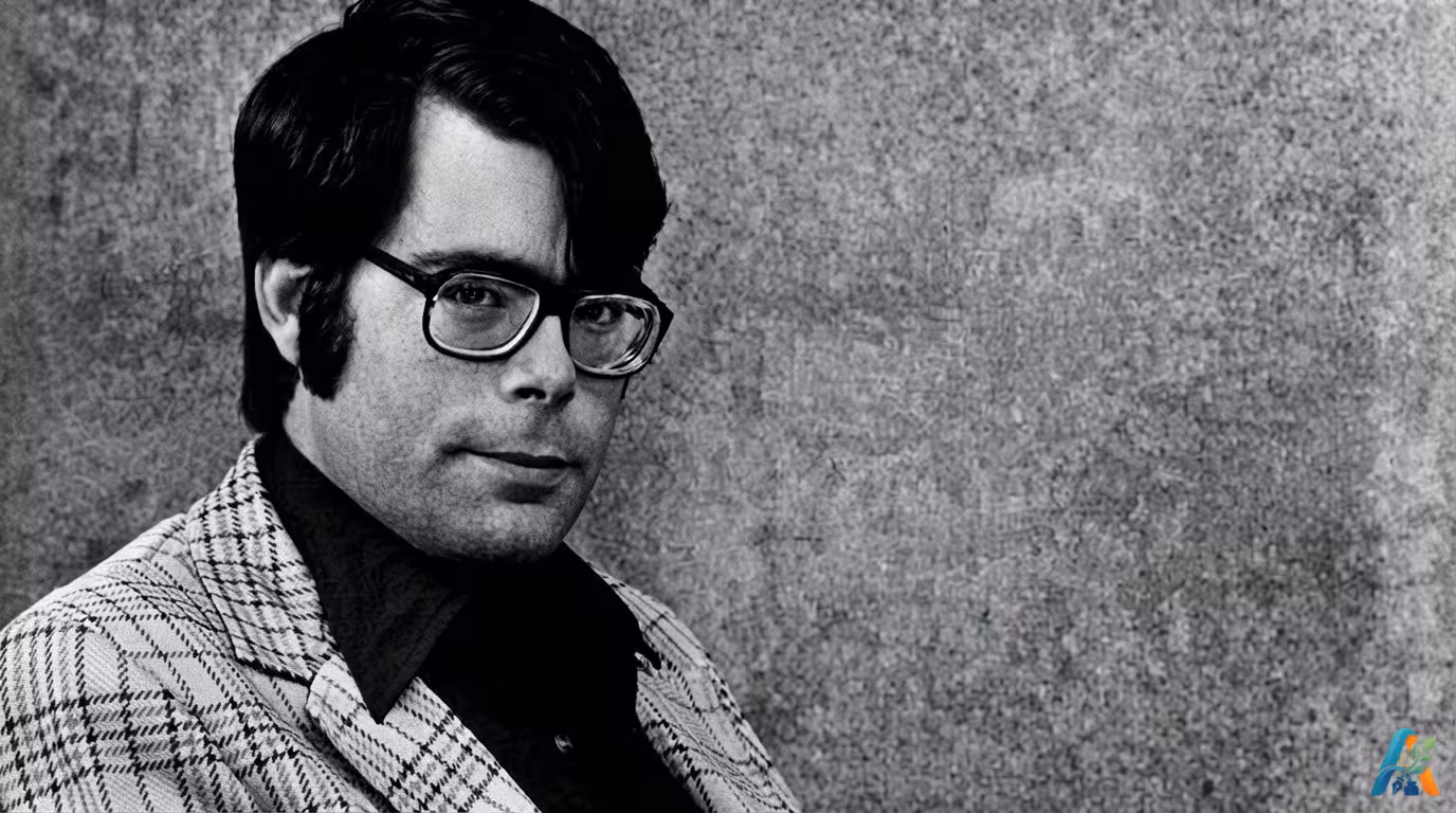 Potret close-up penulis Stephen King muda mengenakan kacamata dan jas kotak-kotak dengan latar belakang dinding abu-abu.