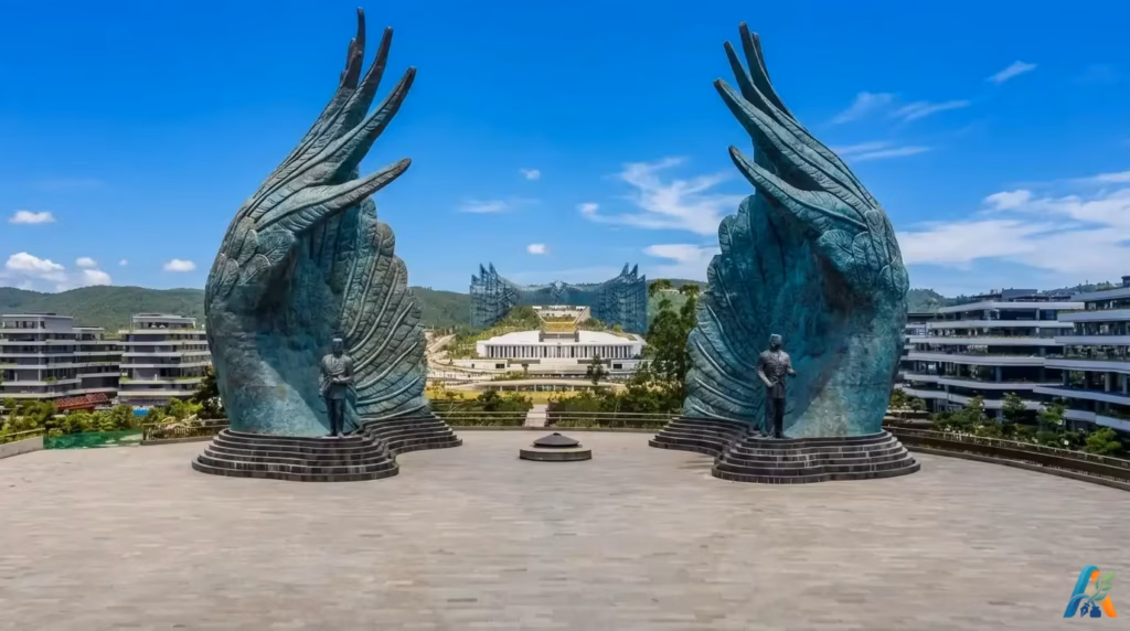 Pemandangan Istana Garuda di Ibu Kota Nusantara (IKN), Kalimantan Timur, dengan patung sayap Garuda raksasa dan gedung modern di bawah langit biru.