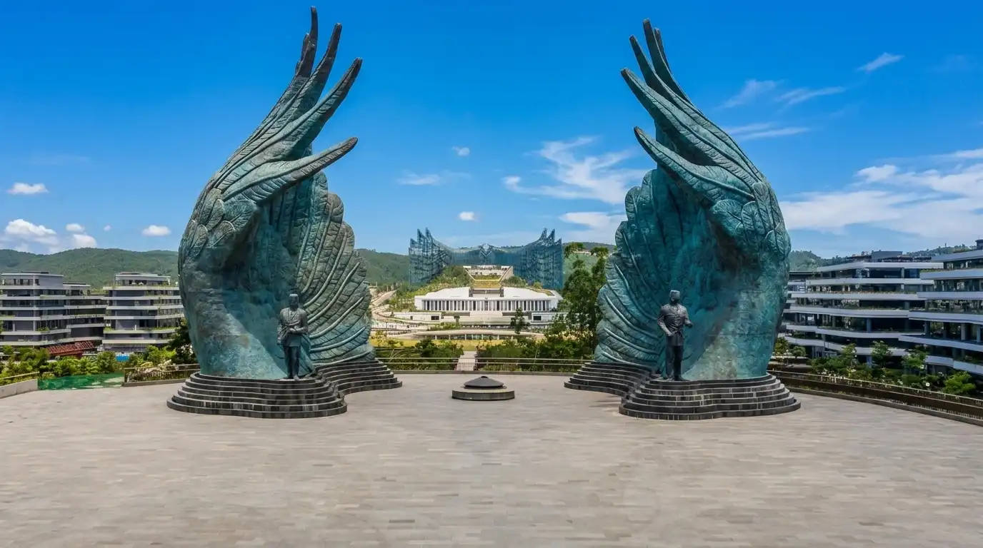 Pemandangan Istana Garuda di Ibu Kota Nusantara (IKN), Kalimantan Timur, dengan patung sayap Garuda raksasa dan gedung modern di bawah langit biru.