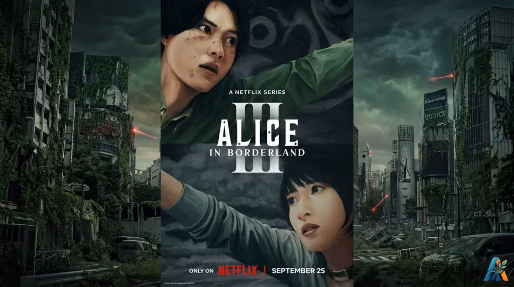 Poster fan-art Netflix serial Alice in Borderland Season 3 menampilkan Arisu dan Usagi dengan desain ilustrasi yang dramatis.