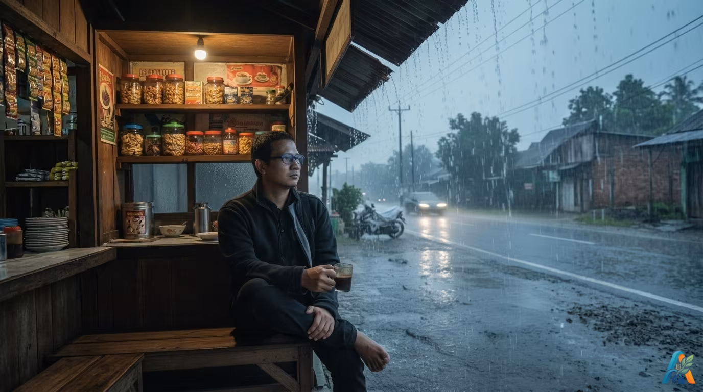 Seorang pria duduk di warung kopi kayu sambil memegang cangkir saat hujan deras membasahi jalanan desa.