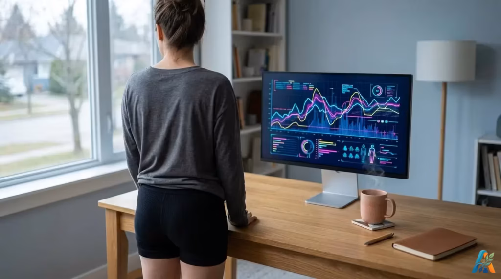 Perempuan dari belakang berdiri memandang monitor data kompleks di meja kayu ek dengan kopi panas di ruang kerja rumah minimalis bergaya Skandinavia.