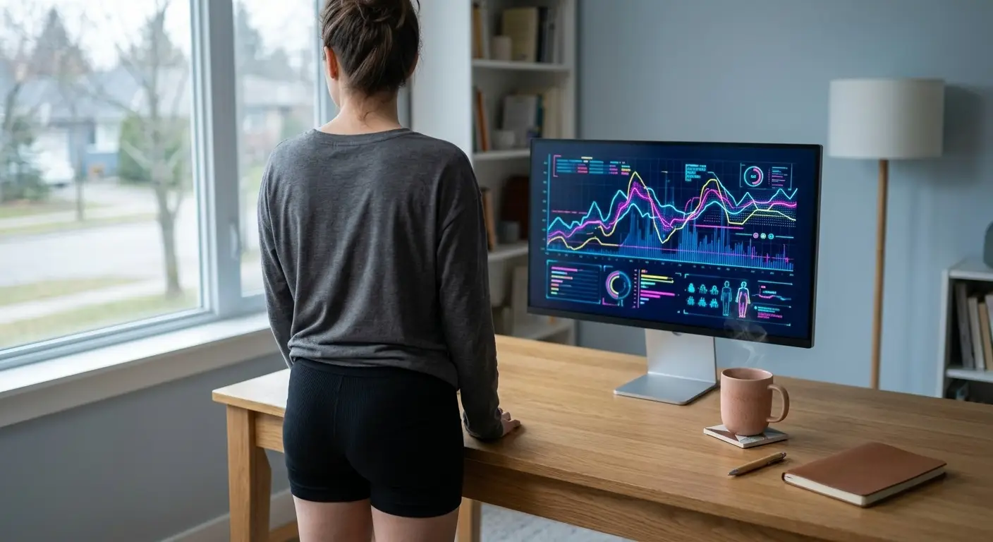 Perempuan dari belakang berdiri memandang monitor data kompleks di meja kayu ek dengan kopi panas di ruang kerja rumah minimalis bergaya Skandinavia.