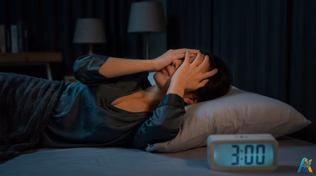Seorang wanita mengalami insomnia, berbaring di kasur sambil memegang kepala di depan jam digital yang menunjukkan pukul 03.00 dini hari.