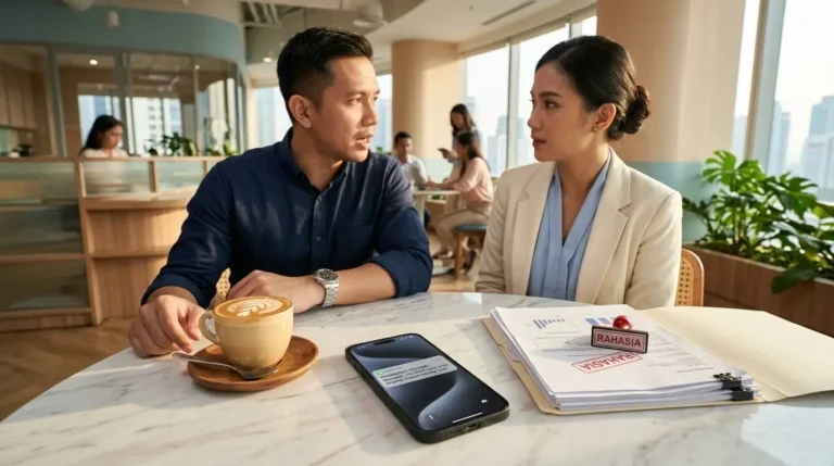 Pria dan wanita berdiskusi di meja marmer dengan kopi latte, smartphone terbaru menampilkan notifikasi, dan dokumen rahasia dengan stempel merah.