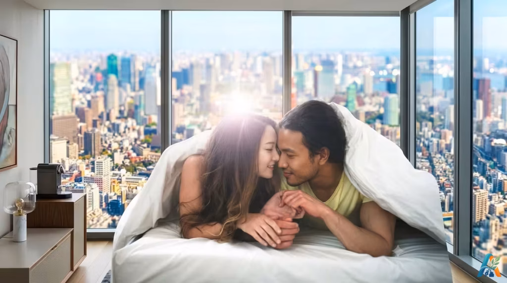 Pasangan romantis tersenyum berhadapan di tempat tidur berselimut putih dengan latar jendela kaca besar pemandangan kota.