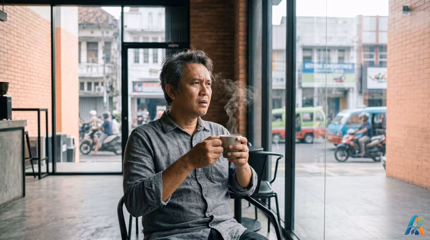 Seorang pria paruh baya tampak bingung memegang secangkir kopi dengan uap panas di sebuah kedai kopi bergaya industrial minimalis