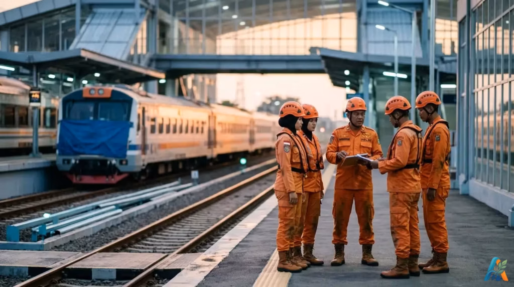 Petugas penyelamat di stasiun kereta Indonesia, mencerminkan ketegangan dan profesionalisme dalam menghadapi tragedi transportasi.
