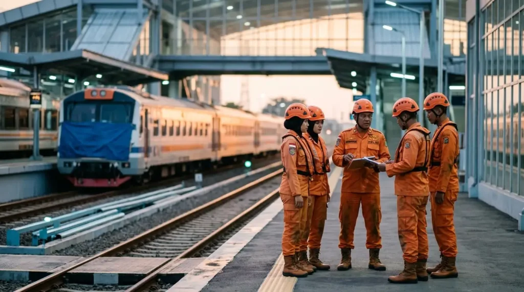 Petugas penyelamat di stasiun kereta Indonesia, mencerminkan ketegangan dan profesionalisme dalam menghadapi tragedi transportasi.