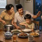 Ilustrasi suasana sahur di rumah keluarga di Merauke pada awal 1980-an, dengan lampu neon menyala, Mama menyiapkan makanan, Bapa berbicara kepada anak-anak di meja makan, dan langit subuh masih gelap di luar rumah.