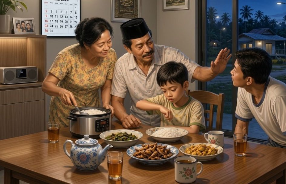Ilustrasi suasana sahur di rumah keluarga di Merauke pada awal 1980-an, dengan lampu neon menyala, Mama menyiapkan makanan, Bapa berbicara kepada anak-anak di meja makan, dan langit subuh masih gelap di luar rumah.