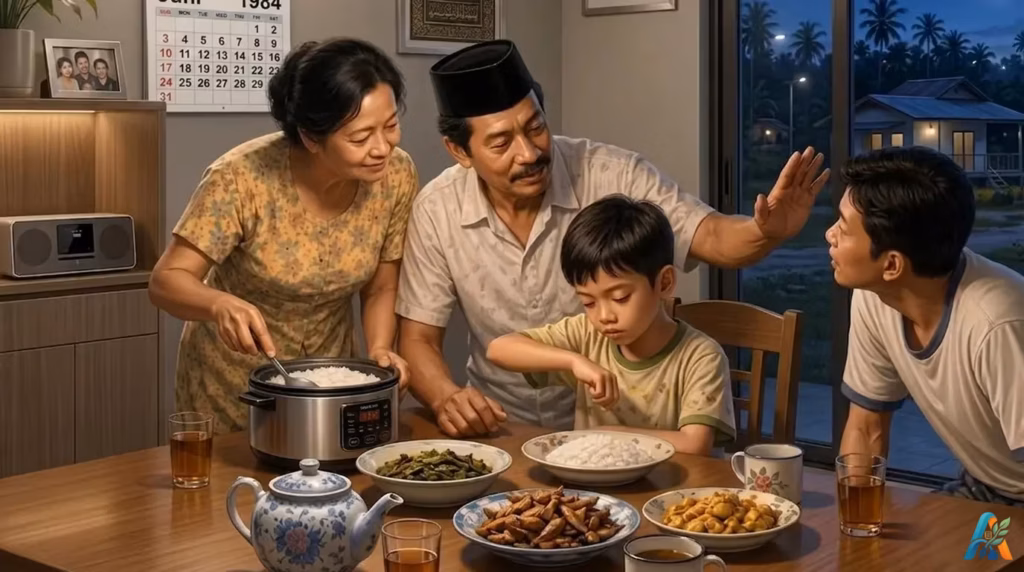Suasana sahur keluarga Merauke tahun 1980-an, Bapak, Ibu, dan anak-anak berkumpul di meja makan bawah lampu neon remang.
