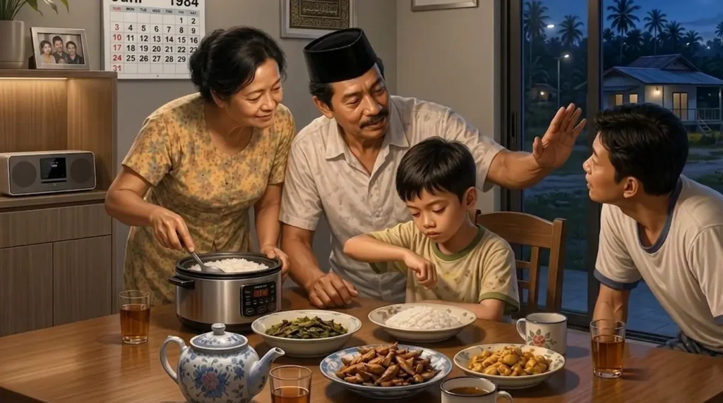 Ilustrasi suasana sahur di rumah keluarga di Merauke pada awal 1980-an, dengan lampu neon menyala, Mama menyiapkan makanan, Bapa berbicara kepada anak-anak di meja makan, dan langit subuh masih gelap di luar rumah.