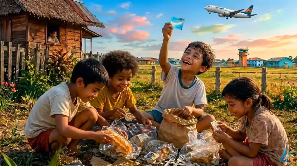 Momen kegembiraan anak-anak di Merauke saat menemukan "harta karun" berupa sisa makanan dari pesawat yang melintas rendah di langit sore.