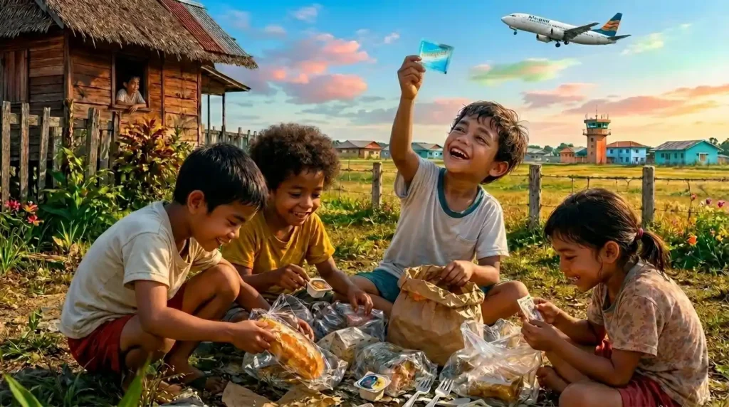 Ilustrasi empat anak kecil di tanah kosong dekat rumah dan bandara di Merauke, sedang gembira membongkar bekas makanan pesawat dan menemukan roti, sachet, sendok plastik, serta tisu wangi, sementara sebuah pesawat terbang rendah di langit sore.