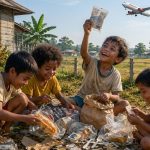 Ilustrasi empat anak kecil di tanah kosong dekat rumah dan bandara di Merauke, sedang gembira membongkar bekas makanan pesawat dan menemukan roti, sachet, sendok plastik, serta tisu wangi, sementara sebuah pesawat terbang rendah di langit sore.