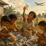 Ilustrasi empat anak kecil di tanah kosong dekat rumah dan bandara di Merauke, sedang gembira membongkar bekas makanan pesawat dan menemukan roti, sachet, sendok plastik, serta tisu wangi, sementara sebuah pesawat terbang rendah di langit sore.