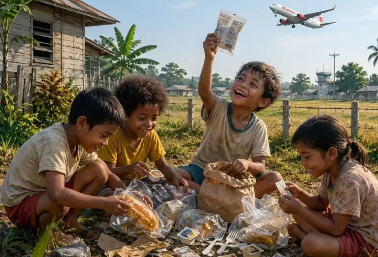 Ilustrasi empat anak kecil di tanah kosong dekat rumah dan bandara di Merauke, sedang gembira membongkar bekas makanan pesawat dan menemukan roti, sachet, sendok plastik, serta tisu wangi, sementara sebuah pesawat terbang rendah di langit sore.