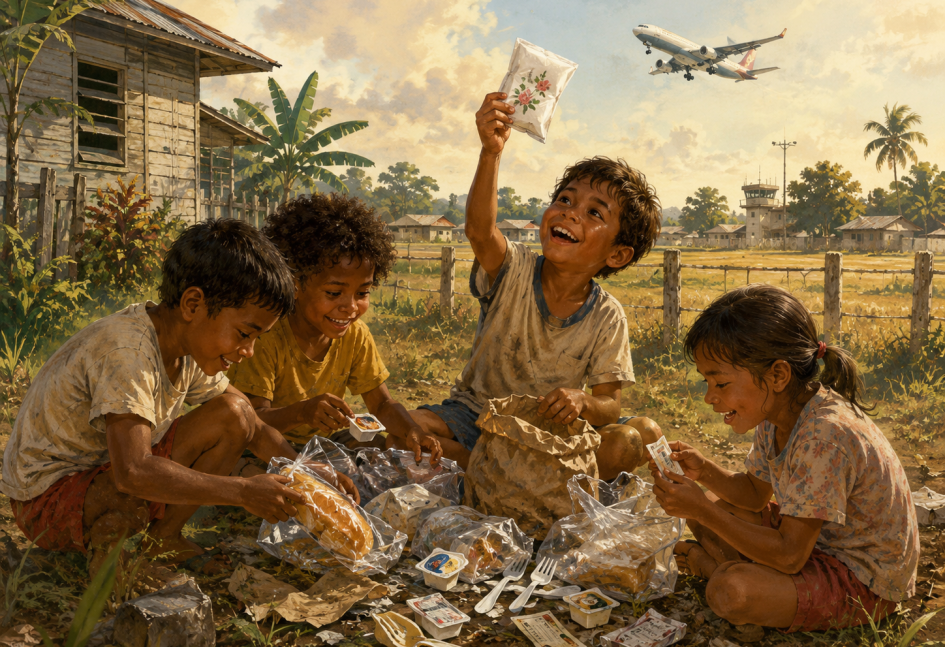 Ilustrasi empat anak kecil di tanah kosong dekat rumah dan bandara di Merauke, sedang gembira membongkar bekas makanan pesawat dan menemukan roti, sachet, sendok plastik, serta tisu wangi, sementara sebuah pesawat terbang rendah di langit sore.