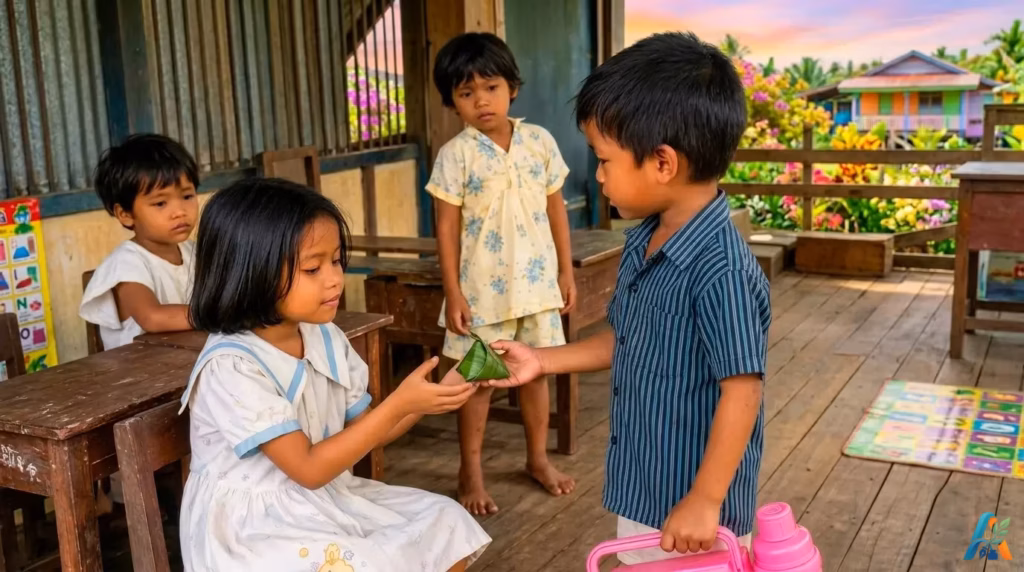 Ilustrasi anak-anak TK di Merauke tahun 1980-an, seorang anak laki-laki memberikan koci-koci berbungkus daun pisang kepada seorang anak perempuan pendiam di ruang kelas sederhana TK Al Hikmah Spadem.