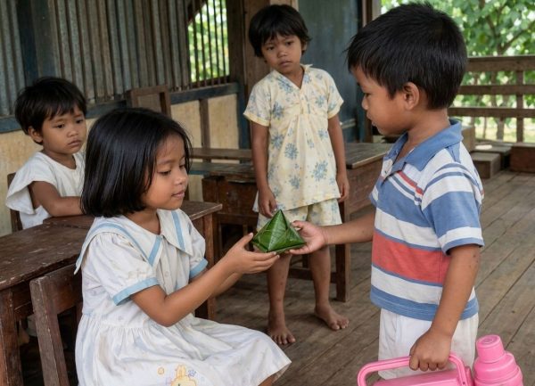 Ilustrasi anak-anak TK di Merauke tahun 1980-an, seorang anak laki-laki memberikan koci-koci berbungkus daun pisang kepada seorang anak perempuan pendiam di ruang kelas sederhana TK Al Hikmah Spadem.