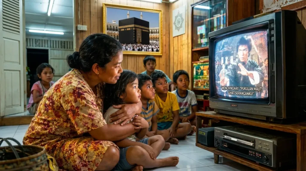 Seorang ibu membacakan subtitle film kungfu kepada anak kecil di ruang keluarga sederhana, sementara beberapa anak tetangga duduk di lantai menonton televisi tabung dengan video Betamax di bawahnya, dalam suasana malam yang hangat dan penuh nostalgia.