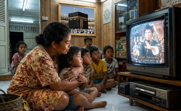 Seorang ibu membacakan subtitle film kungfu kepada anak kecil di ruang keluarga sederhana, sementara beberapa anak tetangga duduk di lantai menonton televisi tabung dengan video Betamax di bawahnya, dalam suasana malam yang hangat dan penuh nostalgia.