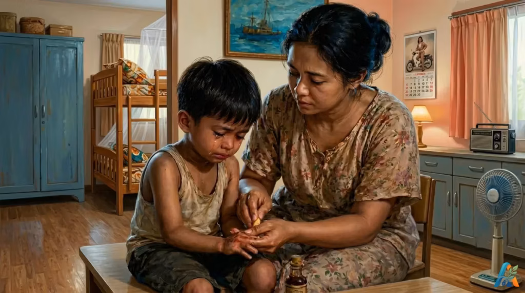 Ibu mengobati luka di tangan anak laki-laki yang menangis pakai Minyak Tawon di kamar tidur rumah jadul Indonesia.