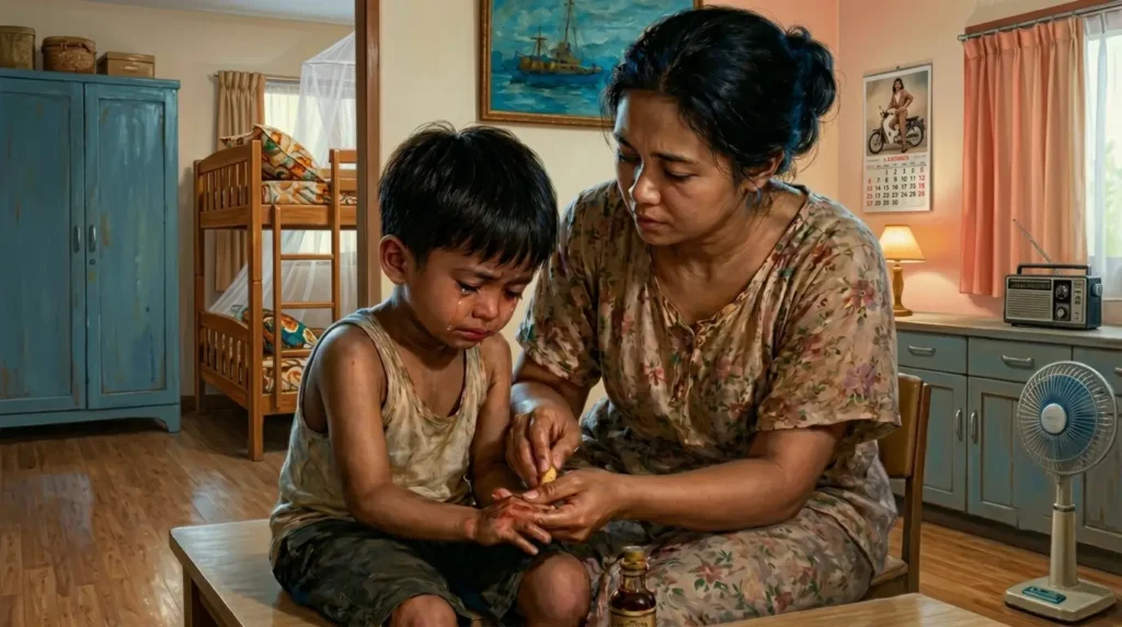 Ibu mengobati luka anak laki-laki yang menangis menggunakan minyak tawon di dalam kamar rumah sederhana.