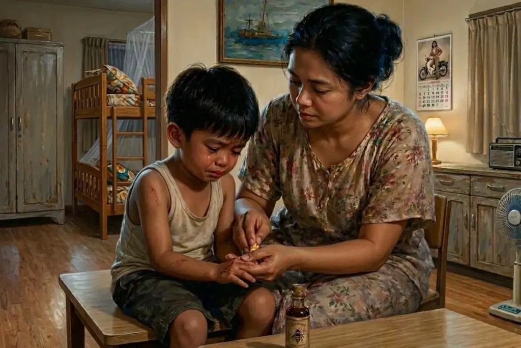 Ibu mengobati luka anak laki-laki yang menangis menggunakan minyak tawon di dalam kamar rumah sederhana.