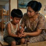 Ilustrasi seorang ibu mengoleskan Minyak Tawon pada jari anak kecil yang menangis di kamar rumah sederhana