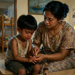 Ilustrasi seorang ibu mengoleskan Minyak Tawon pada jari anak kecil yang menangis di kamar rumah sederhana
