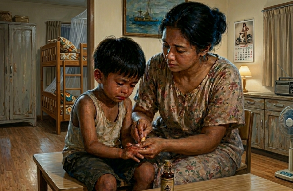 Ilustrasi seorang ibu mengoleskan Minyak Tawon pada jari anak kecil yang menangis di kamar rumah sederhana