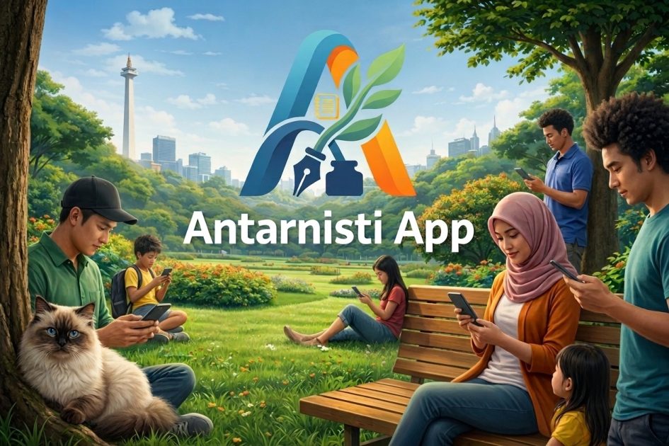 Ilustrasi sekelompok orang lintas generasi sedang bersantai di taman kota sambil fokus membaca artikel di ponsel mereka secara natural. Di tengah atas terdapat logo besar "Antarnisti App". Di kiri bawah, dekat pohon, seekor kucing Himalayan berbulu krem dan bermata biru bersandar dengan alami. Di latar belakang tampak monumen nasional dan gedung pencakar langit di bawah langit cerah.