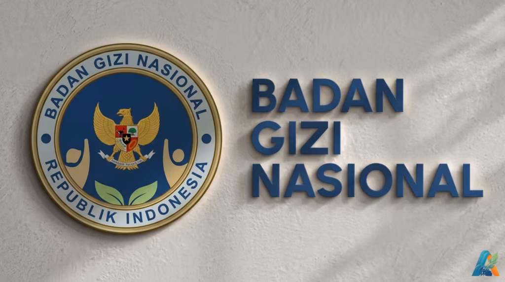 Foto profesional papan nama bertuliskan "BADAN GIZI NASIONAL" dalam huruf timbul berwarna biru tua di dinding interior bertekstur krem. Di sebelah kiri tulisan, terdapat logo bundar resmi "Badan Gizi Nasional Republik Indonesia" berwarna biru-emas dengan lambang Garuda Pancasila di tengahnya. Bayangan lembut dari dedaunan jatuh di sisi kanan dinding.