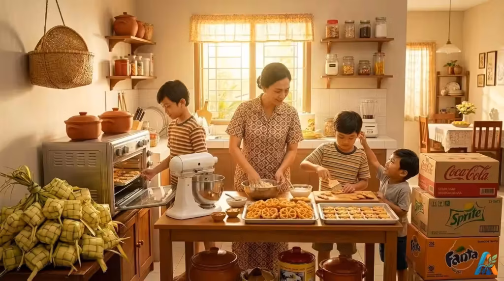 Dapur hangat jelang Lebaran di Merauke: Ibu dan tiga anak laki-laki membuat kue kering bersama di meja penuh toples.