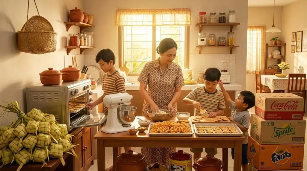 Ilustrasi hangat suasana dapur keluarga di Merauke menjelang Lebaran, seorang ibu membuat kue kering bersama tiga anak laki-lakinya, dengan loyang kue kacang, toples, daun ketupat, dan krat minuman di sekitar meja.