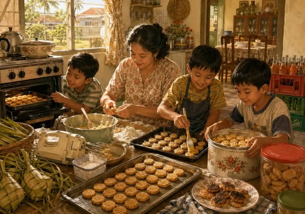 Ilustrasi hangat suasana dapur keluarga di Merauke menjelang Lebaran, seorang ibu membuat kue kering bersama tiga anak laki-lakinya, dengan loyang kue kacang, toples, daun ketupat, dan krat minuman di sekitar meja.