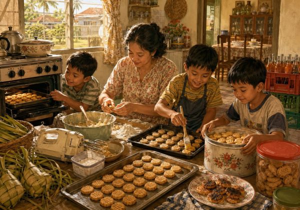 Ilustrasi hangat suasana dapur keluarga di Merauke menjelang Lebaran, seorang ibu membuat kue kering bersama tiga anak laki-lakinya, dengan loyang kue kacang, toples, daun ketupat, dan krat minuman di sekitar meja.