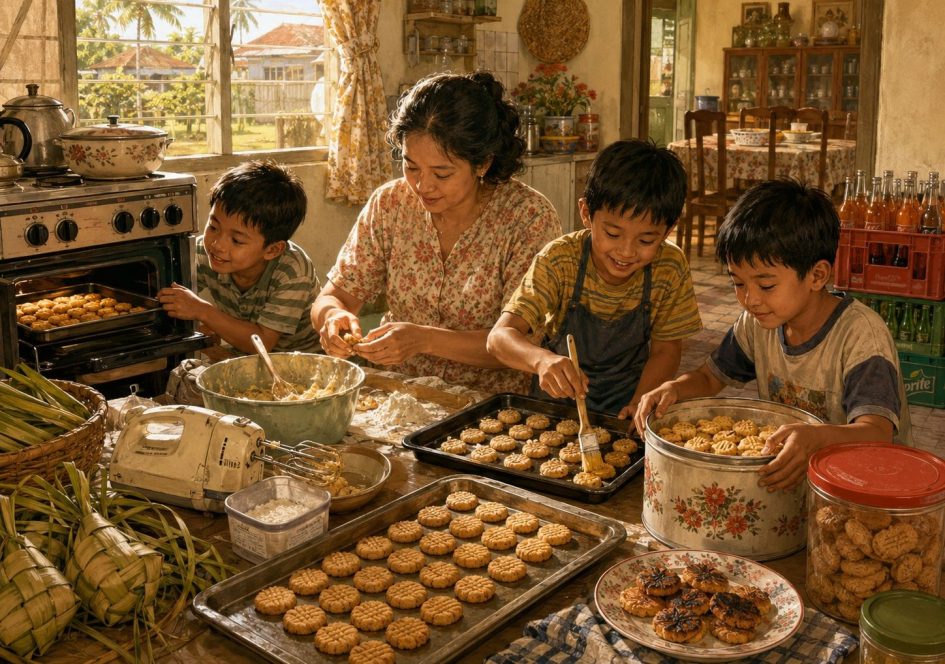 Ilustrasi hangat suasana dapur keluarga di Merauke menjelang Lebaran, seorang ibu membuat kue kering bersama tiga anak laki-lakinya, dengan loyang kue kacang, toples, daun ketupat, dan krat minuman di sekitar meja.