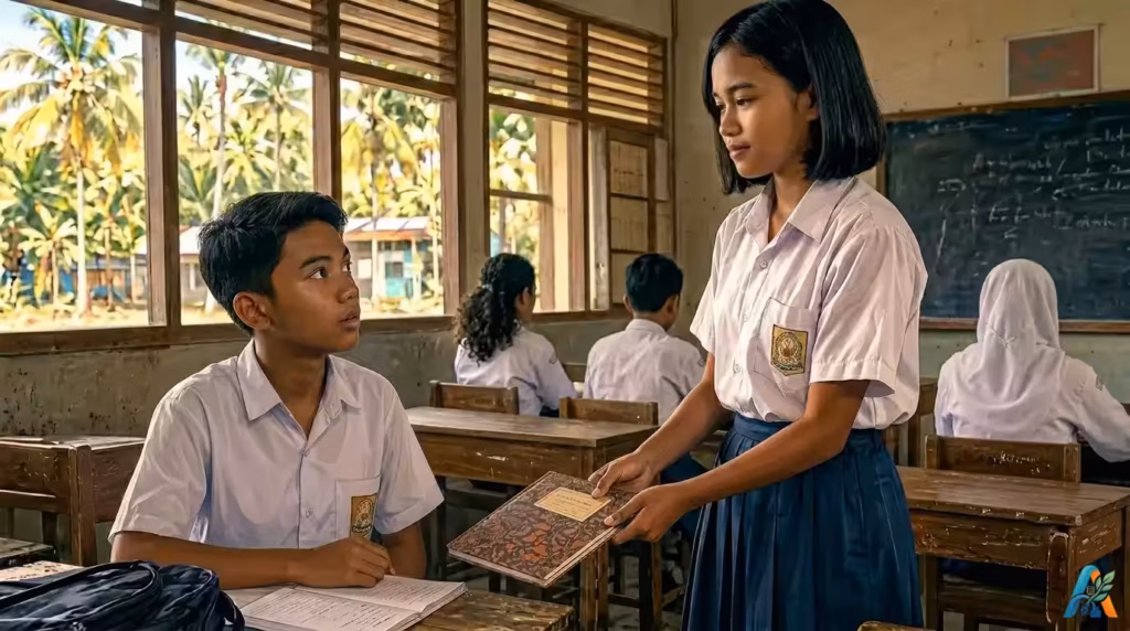 Suasana kelas SMP Merauke 1990-an, siswi memberikan buku tulis surat cinta ke siswa laki-laki yang gugup di depan teman sekelas.