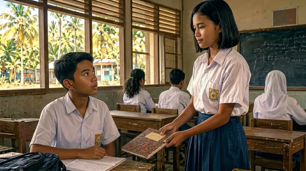 Ilustrasi suasana kelas SMP di Merauke tahun 1990-an, seorang siswi menyerahkan buku tulis berisi surat kepada seorang siswa laki-laki yang tampak gugup, sementara teman-teman sekelas memperhatikan dari bangku kayu.