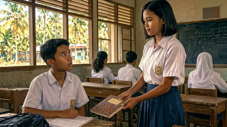 Ilustrasi suasana kelas SMP di Merauke tahun 1990-an, seorang siswi menyerahkan buku tulis berisi surat kepada seorang siswa laki-laki yang tampak gugup, sementara teman-teman sekelas memperhatikan dari bangku kayu.