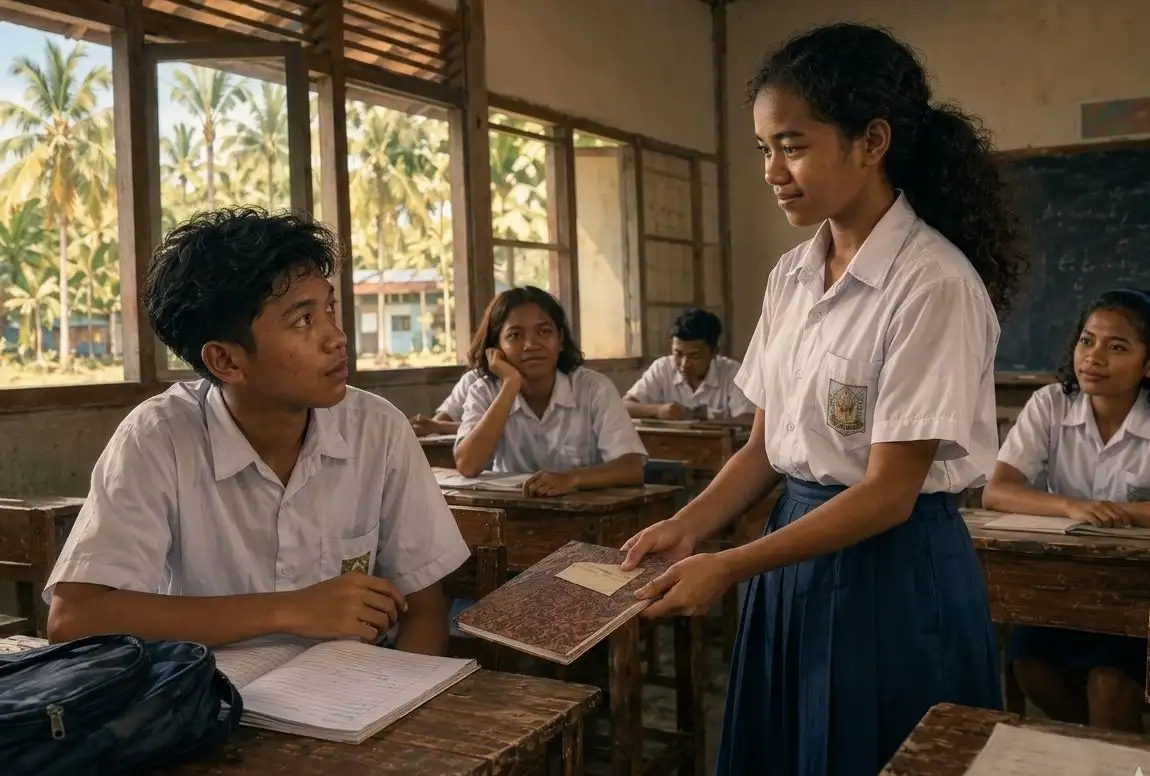 Ilustrasi suasana kelas SMP di Merauke tahun 1990-an, seorang siswi menyerahkan buku tulis berisi surat kepada seorang siswa laki-laki yang tampak gugup, sementara teman-teman sekelas memperhatikan dari bangku kayu.