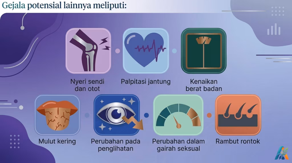 Infografis gejala potensial menopause: nyeri sendi, palpitasi jantung, kenaikan berat badan, mulut kering, gairah seksual, rambut rontok.