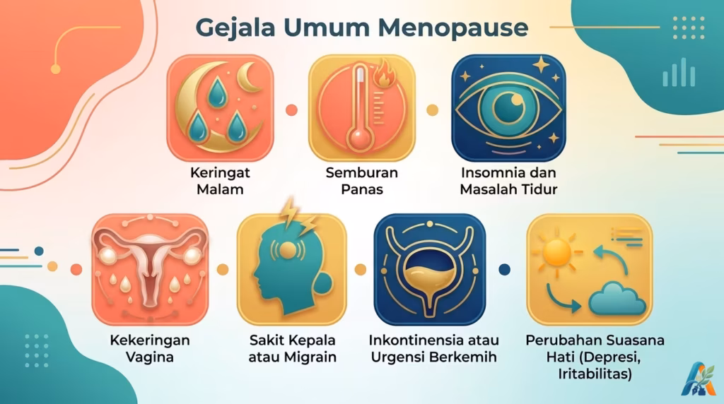 Infografis gejala umum menopause: keringat malam, semburan panas, insomnia, kekeringan vagina, sakit kepala, inkontinensia, perubahan suasana hati