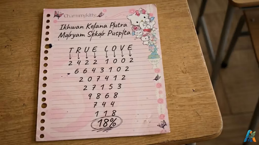 oretan tulisan tangan pulpen hitam di atas kertas binder merah muda Charmmykitty, menampilkan rumus ramalan cinta matematika segitiga terbalik metode TRUE LOVE untuk nama Ikhwan Kelana Putra dan Maryam Sekar Puspita dengan hasil akhir 18 persen.